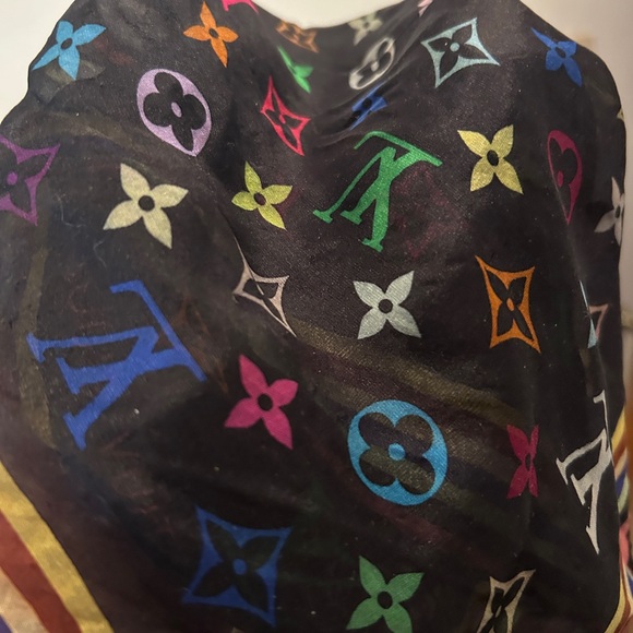 AUTHENTIC Louis Vuitton Marukami Black Rainbow Monogram Silk Scarf - Picture 6 of 8